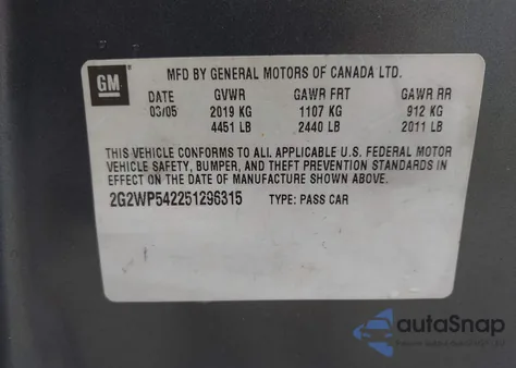 2005 Pontiac Grand Prix z USA, uszkodzony, nr VIN 2G2WP542251296315